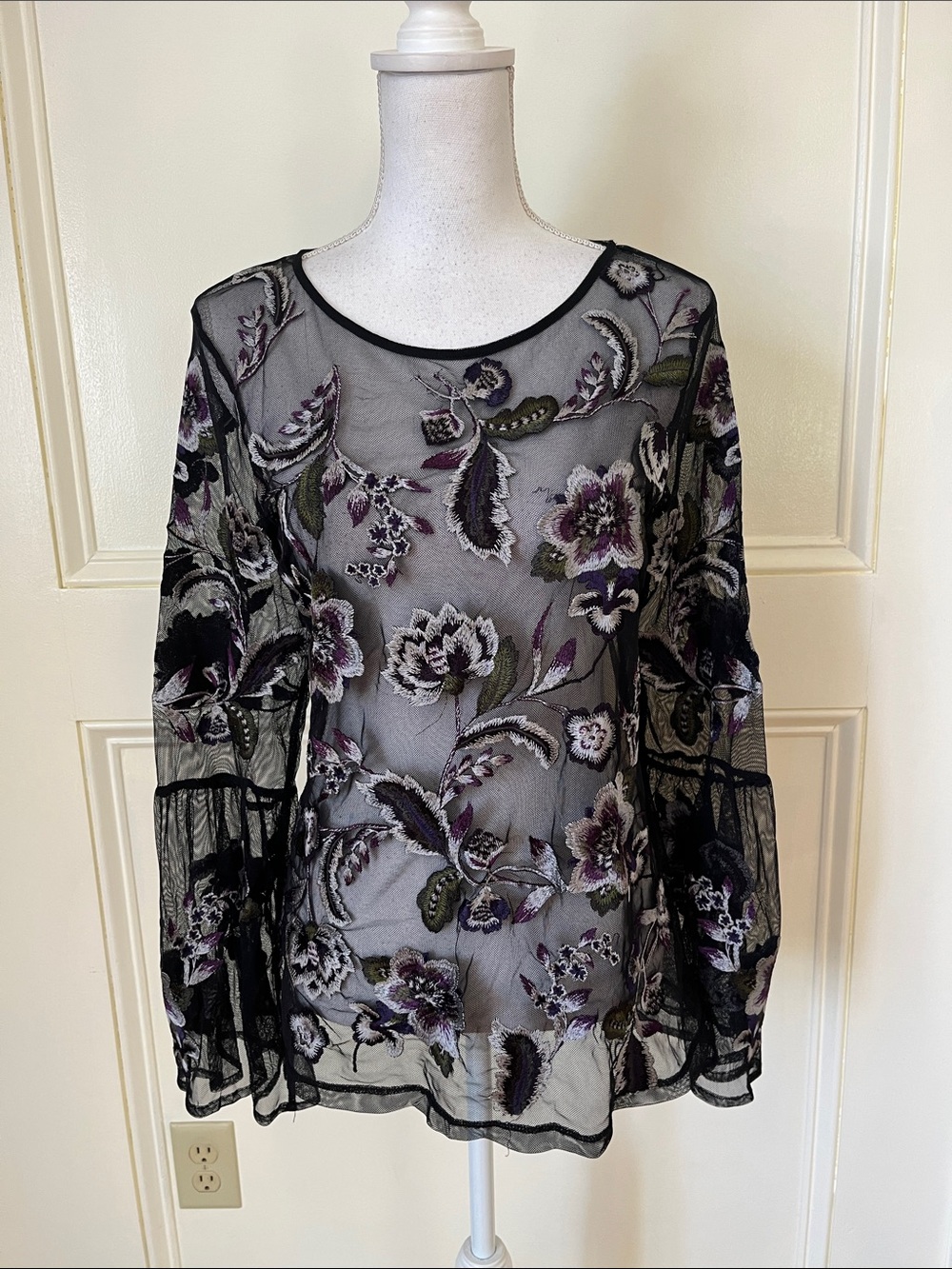 INC International Concepts Black Sheer Floral Embroidered Blouse